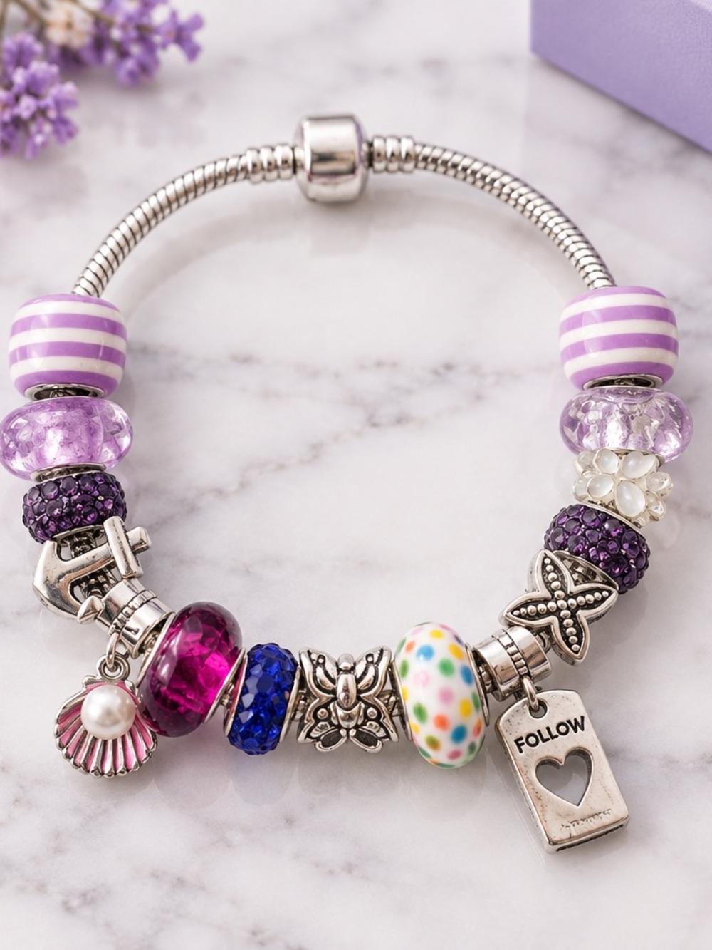 Handmade Purple Bead Charm Bracelet with Heart Tag